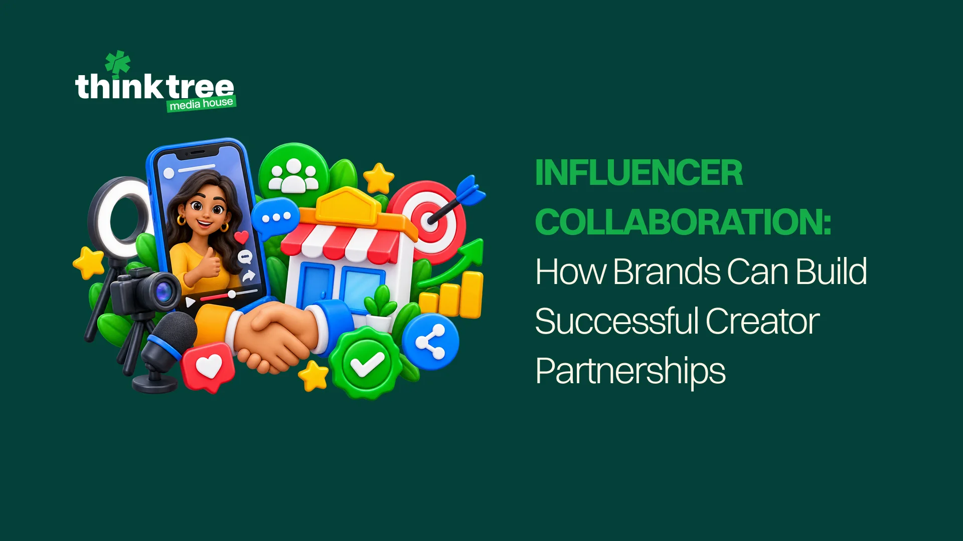 Influencer collaboration graphic illustrating creator partnerships, social media, and brand promotion.